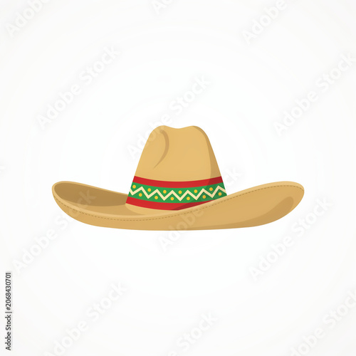 Flat lay straw sombrero with colorful woven band in minimalist style