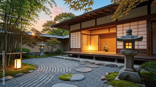 Traditional Japanese wooden house with shoji screens overlooking a Zen garden featuring raked gravel patterns, stone lanterns, and stepping stones during sunset with a bright sunburst.