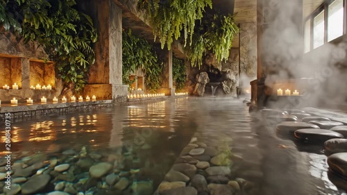 Indoor luxury thermal spa featuring a long pool with river stones, stone walls decorated with lit candles, rising steam, and hanging green ferns in a calm, atmospheric wellness center.