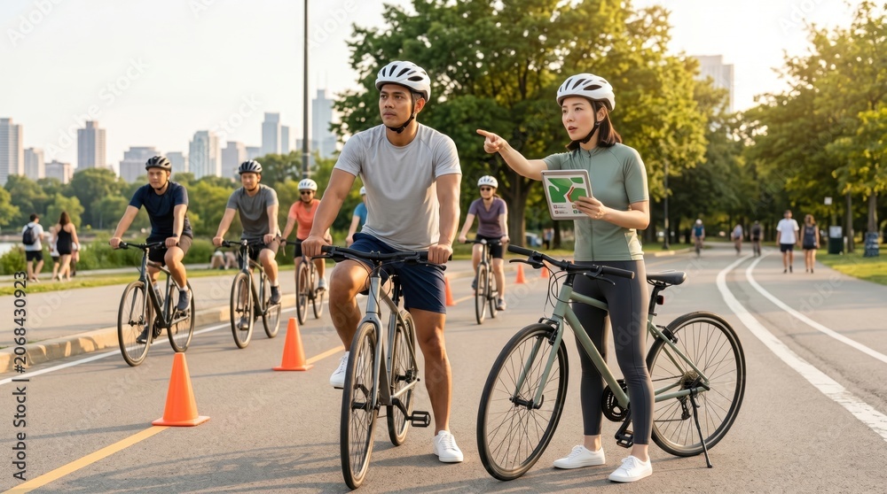 Obraz premium Urban Cycling Group Day - Adult cyclist and organizer checking group spacing