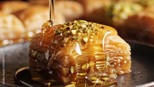 Macro shot of golden syrup pouring onto a square slice of traditional flaky baklava garnished with crushed green pistachios, showing detailed phyllo pastry layers.