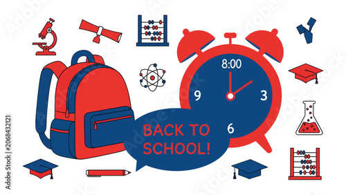 Canvas Print Back to School Essentials: A vibrant collection of school supplies and academic symbols, including a backpack, alarm clock, diploma, microscope, and atom model