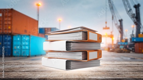 Stack of office ring binders placed on a wooden surface against a busy industrial shipping port background representing logistics documentation