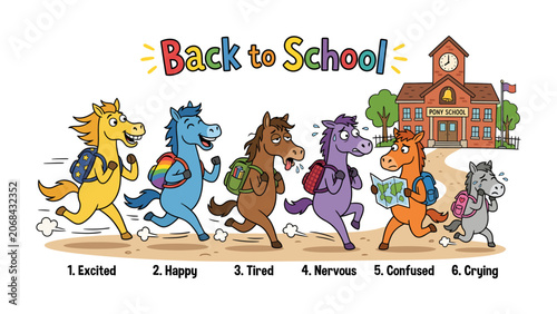 Εκτύπωση καμβά Back to School Horse Emotions: A whimsical illustration depicts a line of anthropomorphic horses, each showcasing a different emotion from excited to crying as they head towards a school building