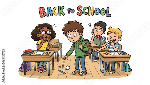 Tableau sur toile Back to School Antics: A comical scene unfolds in a classroom as a student drops a pencil, eliciting a range of reactions from surprised classmates