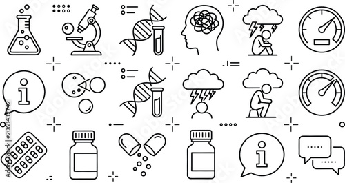 Tableau sur toile Medical science and mental health line icon set featuring depression anxiety dna