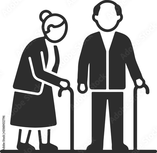 Elderly couple with walking sticks icon, senior man and woman standing, vector illustration isolated on white background