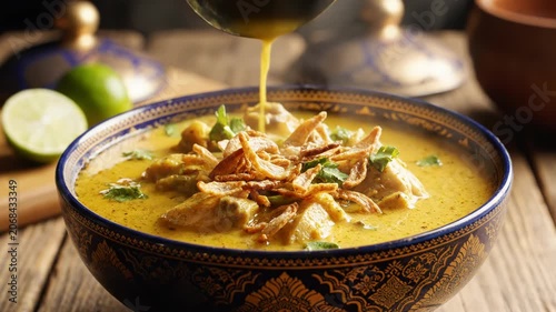 A metal ladle pours thick yellow curry sauce over cooked chicken pieces and crispy fried onions in a traditional blue patterned ceramic bowl, garnished with cilantro on a wooden table.