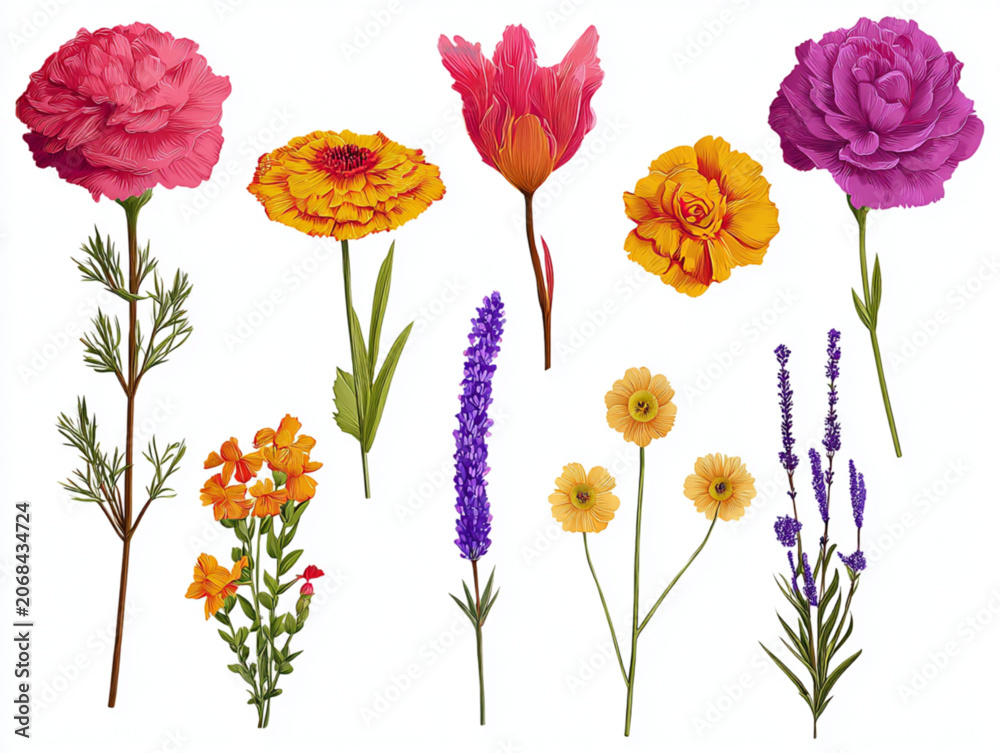 Obraz premium Collection of various colorful spring flowers isolated on white background.