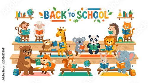 Photography A Whimsical Classroom: A delightful illustration depicts a variety of anthropomorphic animals in a classroom setting, eagerly engaged in learning with books and supplies