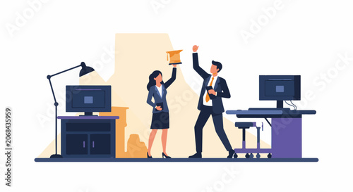 A man and woman in business attire celebrate with a briefcase