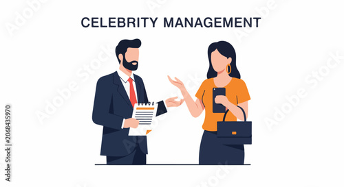 A man and woman in business attire discuss celebrity management