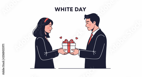 A man and woman in business attire exchanging a gift