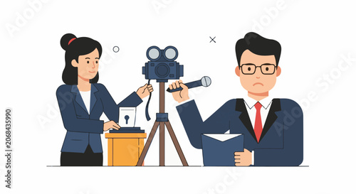 A man and woman in business attire interact with a video camera and microphone