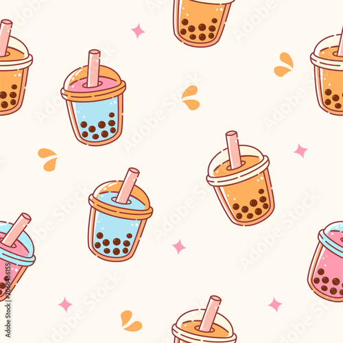 Kawaii Boba Tea Seamless Pattern Illustration