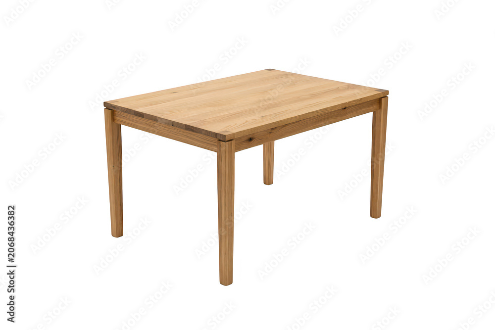 Fototapeta premium Rectangular wooden dining table with a smooth light brown grain surface and four sturdy legs, isolated against a solid black background
