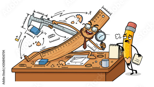фотографія Chaos at the Drafting Table: A frantic ruler character, wielding calipers and magnifying glass, is overwhelmed by floating measurements and broken erasers