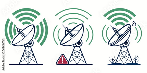 Foto Three satellite dishes with signal waves one with warning symbol satellite dish