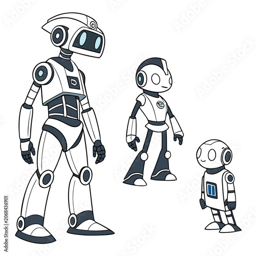 Three cute cartoon robots standing together with artificial intelligence science fiction different sizes white robots blue eyes white background digital art automaton futuristic mechanical