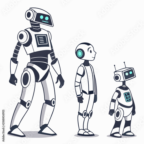 Three stylized robots in a line one large and two smaller artificial intelligence science fiction white robots blue eyes different sizes line up digital art white background automaton