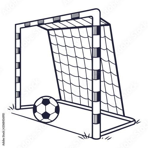 Soccer goal with net and ball on grass clean vector illustration team sport striped posts black and white sports equipment line art football competition recreation activity exercise