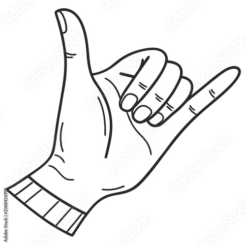 Hand gesture shaka sign outline with hang loose black and white body part middle finger index finger gesture of goodwill communication illustration handshake greeting vacation informal