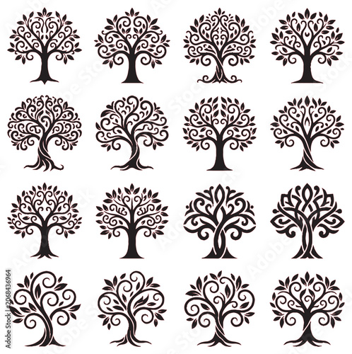 Decorative tree of life vector icons, set of 16 black filigree tree silhouettes, ornamental nature symbols with swirling branches and leaves