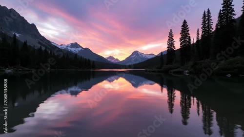 Vibrant sunset over alpine lake with snow-capped mountain peaks and evergreen forest reflection on calm water surface under pink orange sky in wilderness landscape.