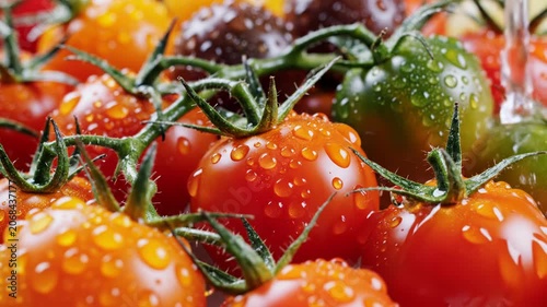 Close-up of vibrant cherry tomatoes in various colors like red, orange, and green, being washed with water pouring over them, covered in fresh droplets on green vines.