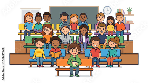 Classroom Audience: A diverse group of children sits attentively on bleacher seats in a classroom setting, with one boy in the foreground holding a book, suggesting a lesson or presentation.