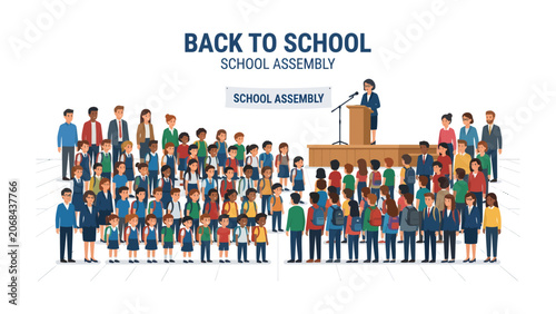 Slika na platnu Back to School Assembly: A diverse group of students and a teacher gather for a school assembly, representing the start of a new academic year and the importance of education and community