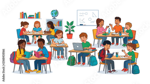Tableau sur toile Classroom Dynamics: Diverse young students engage in learning activities within a vibrant classroom setting, featuring desks, books, and educational aids