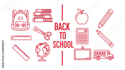 Fotografie Back to School Illustration: A graphic collection of iconic school supplies, including books, backpack, scissors, ruler, globe, apple, pencils, calculator, blackboard, and school bus, all in a clean