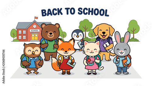 Bild auf Leinwand Back To School Animals: A cheerful group of anthropomorphic animal characters, including a bear, fox, owl, penguin, cat, dog, and rabbit, are dressed for school and ready to learn