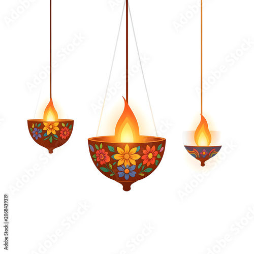 Traditional Indian Festive Earthen Lamps with Colorful Flower Patterns