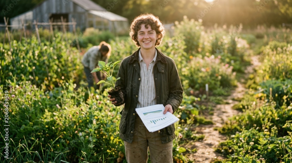 Naklejka premium Young agripreneur in warm backlight stands confidently in a regenerative agriculture field holding a vibrant seedling and energy report embracing sustainable farming lifestyle