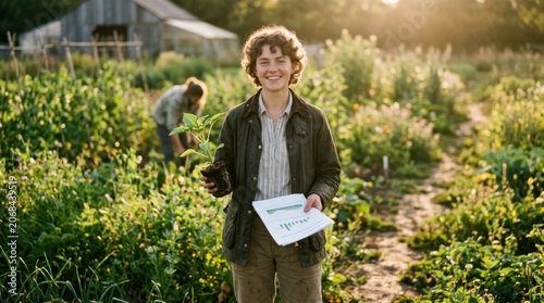 Young agripreneur in warm backlight stands confidently in a regenerative agriculture field holding a vibrant seedling and energy report embracing sustainable farming lifestyle