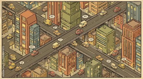 Isometric view of blocky urban cityscape with vehicles and buildings in vibrant digital style
