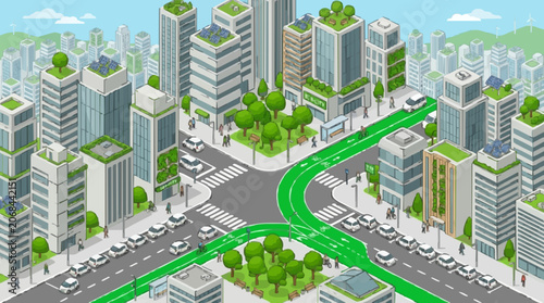Aerial view of eco-friendly city crossroads with green rooftops and sustainable urban design
