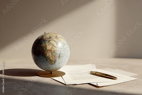 Vintage Globe and Pen on Paper.