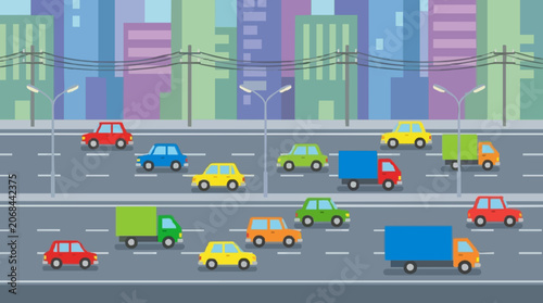 Colorful Toy Cars Driving on Multi-Lane Highway Roadway Scene Flat Design Illustration