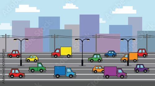 Colorful Traffic on Multi-Lane Highway Under Bright Sky with City Skyline