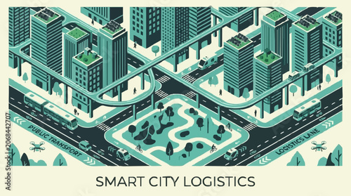 Aerial view of smart city logistics hub with futuristic urban infrastructure and digital connectivity