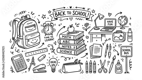 Fotografie Back to School Doodle Illustration: A lively black and white illustration featuring a collection of school supplies, books, and a backpack