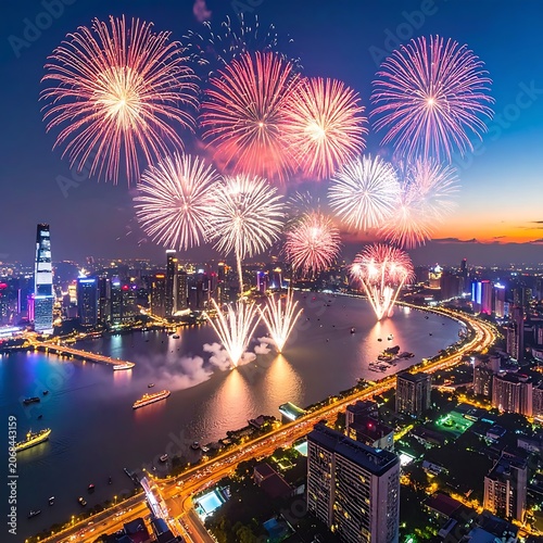 Vibrant cityscape at dusk with fireworks exploding over water (3)