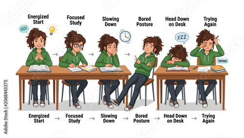 Foto Study Struggle: A visual representation of a student's fluctuating engagement with their studies, moving from an energized start through focused study, slowing down, bored posture, head down on desk