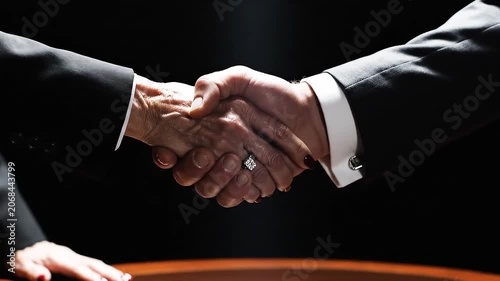 Close up of two business people shaking hands in a dark setting, symbolizing agreement, trust, and partnership