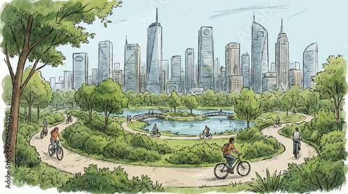 Cyclist riding through lush urban park with city skyline in background under clear sky