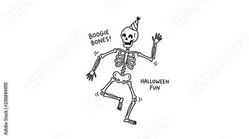 Canvastavla A dancing skeleton wearing a party hat celebrates Halloween fun with Boogie Bones