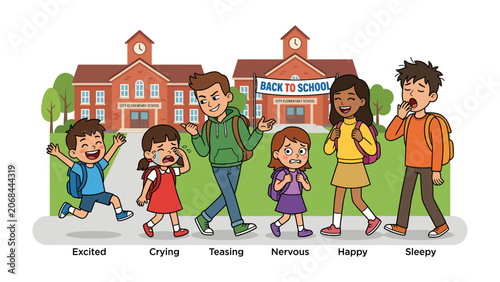 Bild auf Leinwand Back to School Emotions: A lively group of diverse children express a range of emotions as they return to school, from joyful excitement to sleepy reluctance